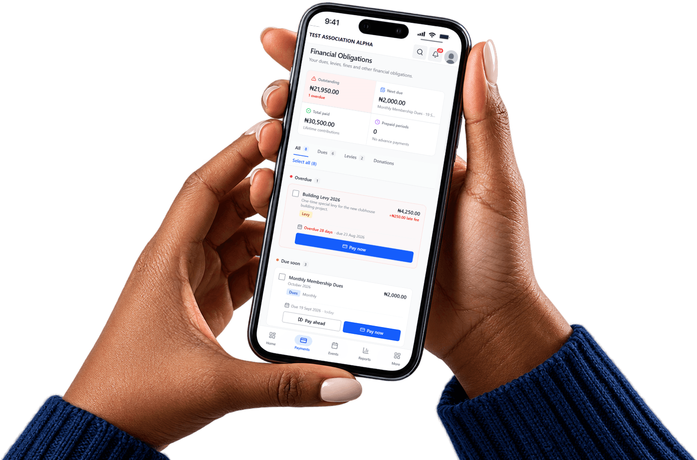 Zenith AMS mobile app — member dashboard and payments